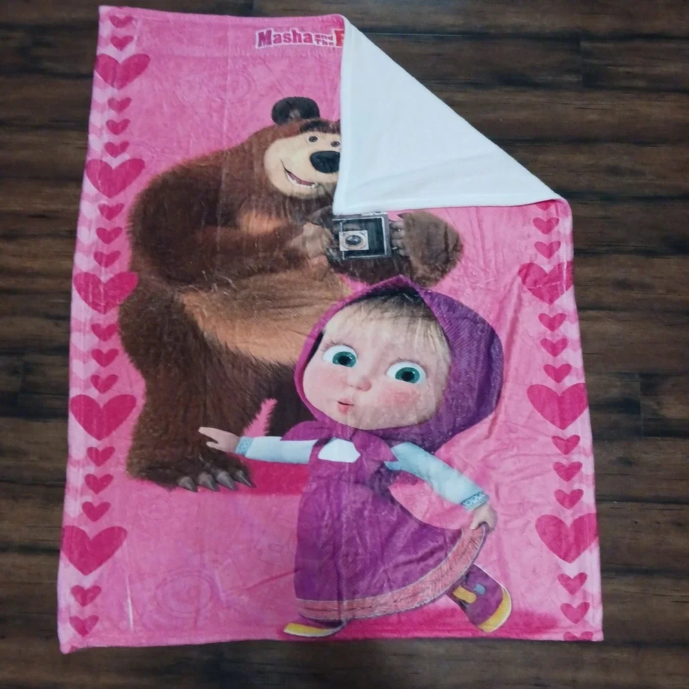 Masha and the Bear Pink Heart Plush Throw Blanket 50x40 Kids Fleece
